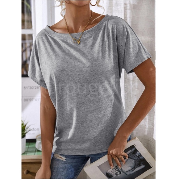 Boat Neck Batwing Sleeve Grey Tee Shirt Short Sleeve - Picture 5 of 8
